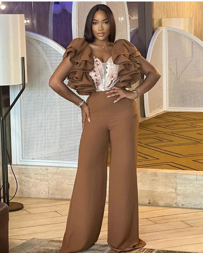 Liu Ming Spring Summer 2024 New Design V Neck Sleeveless Ruffles Casual Loose Wide Leg Rompers Jumpsuits For Women