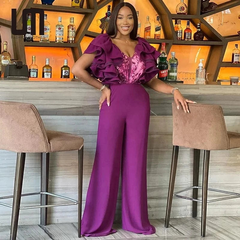 Liu Ming Spring Summer 2024 New Design V Neck Sleeveless Ruffles Casual Loose Wide Leg Rompers Jumpsuits For Women