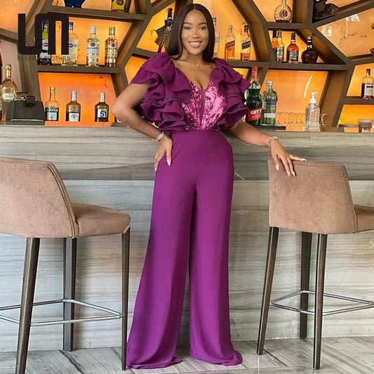 Liu Ming Spring Summer 2024 New Design V Neck Sleeveless Ruffles Casual Loose Wide Leg Rompers Jumpsuits For Women