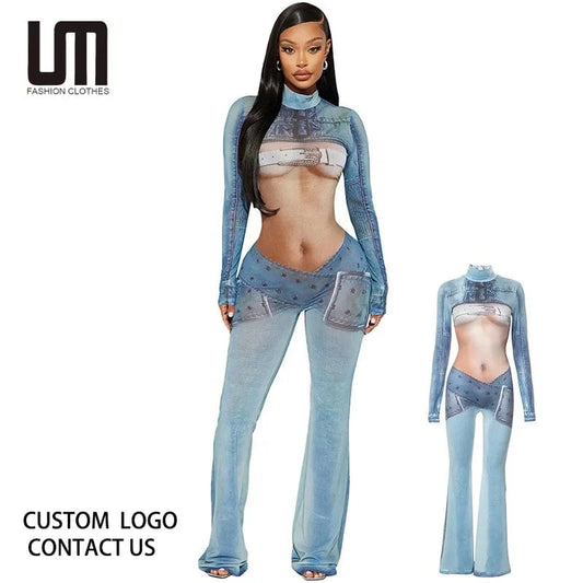 Liu Ming Valentines Day Gift 2024 Women Sexy Long Sleeve High Neck Flare Pants Overall Party Club Denim Body Print Jumpsuit