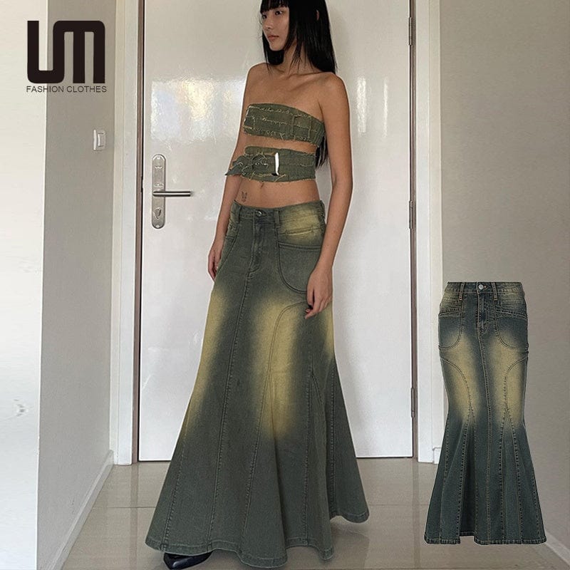 Liu Ming Vintage Autumn 2024 Trends Women Y2k Streetwear Casual Low Waist Long Maxi Denim Skirt
