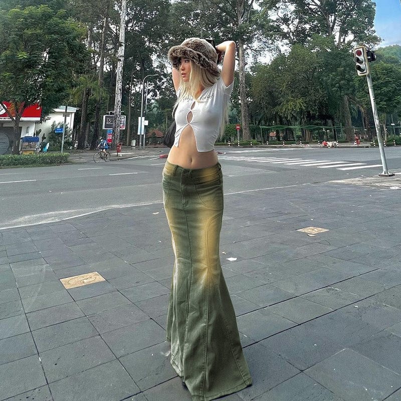 Liu Ming Vintage Autumn 2024 Trends Women Y2k Streetwear Casual Low Waist Long Maxi Denim Skirt