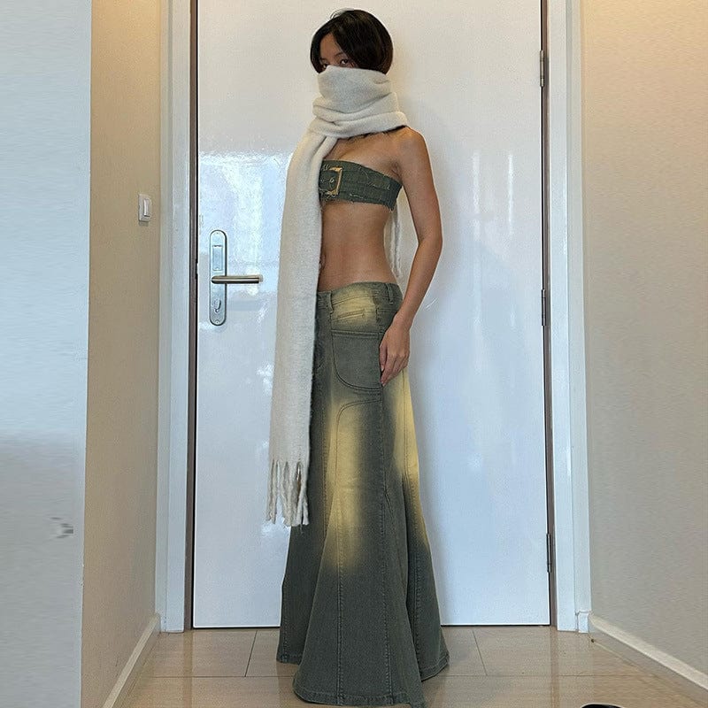 Liu Ming Vintage Autumn 2024 Trends Women Y2k Streetwear Casual Low Waist Long Maxi Denim Skirt