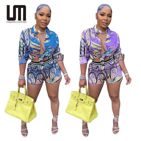Liu Ming Wholesale Fashion Women Streetwear 2023 New Arrivals Print 2 Piece Long Sleeve Crop Tops Shorts Suits