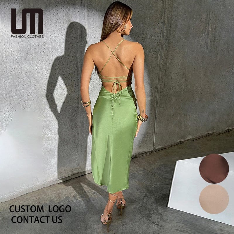 Liu Ming Women Sexy 2023 New Arrivals Satin Backless Sleeveless Party Slit Bodycon Maxi Prom Dress