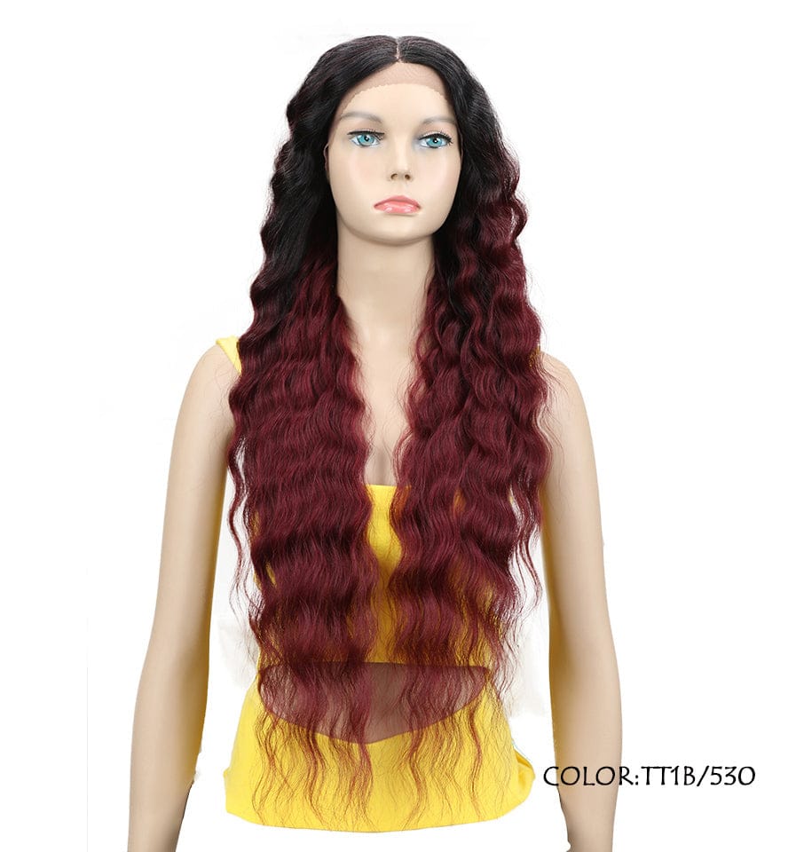 long body wave sleek wholesale Manufacture heat resistant Mix Colors lace Middle Part body wave Synthetic Hair Wig for women