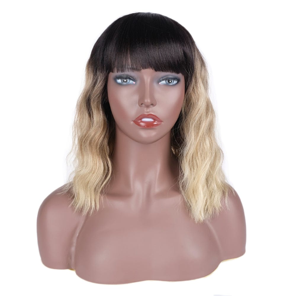 long body wave with bang blond wig sleek wholesale cheap made machine wig heat resistant fiber body synthetic hair wig for women