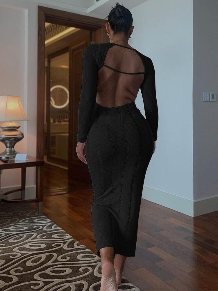long dress 10574 Knitting Ribbed Solid O Neck Backless Elegant Maxi Tube Long Sleeve Womens Dresses Winter Party Club Lady Evening Outfit