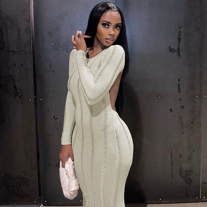long dress 10574 Knitting Ribbed Solid O Neck Backless Elegant Maxi Tube Long Sleeve Womens Dresses Winter Party Club Lady Evening Outfit