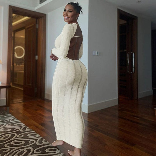 long dress 10574 Knitting Ribbed Solid O Neck Backless Elegant Maxi Tube Long Sleeve Womens Dresses Winter Party Club Lady Evening Outfit