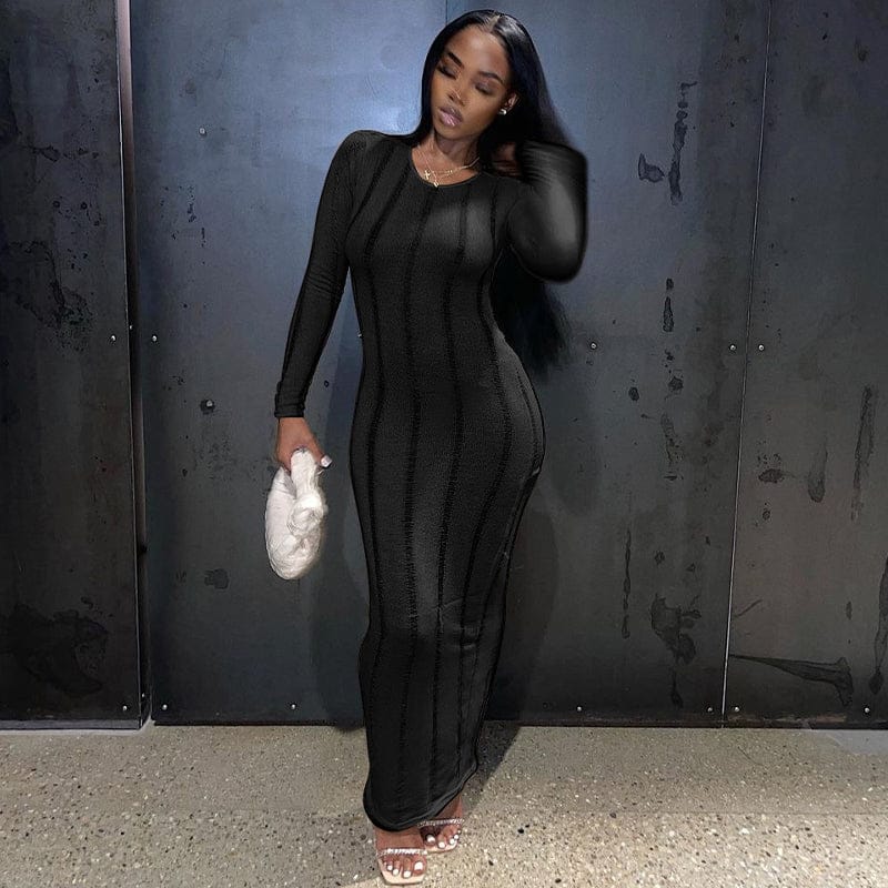 long dress L / black 10574 Knitting Ribbed Solid O Neck Backless Elegant Maxi Tube Long Sleeve Womens Dresses Winter Party Club Lady Evening Outfit