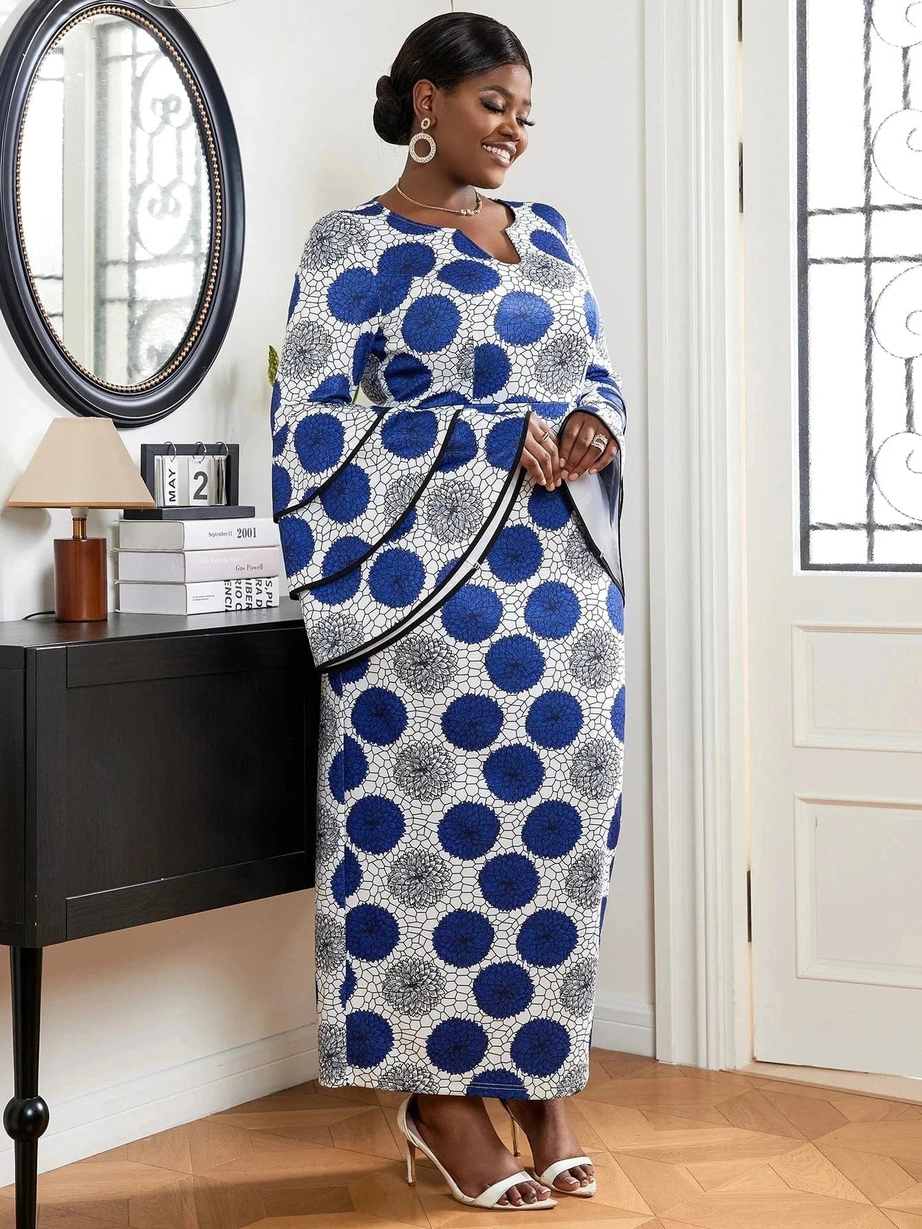 Long Flare Sleeves Autumn Maxi Print Large Size Women Cocktail Dresses