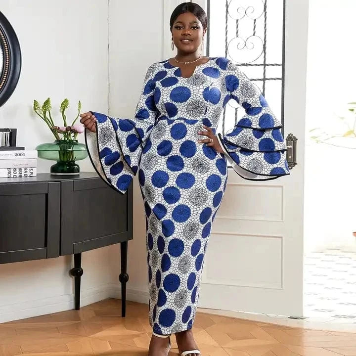 Long Flare Sleeves Autumn Maxi Print Large Size Women Cocktail Dresses