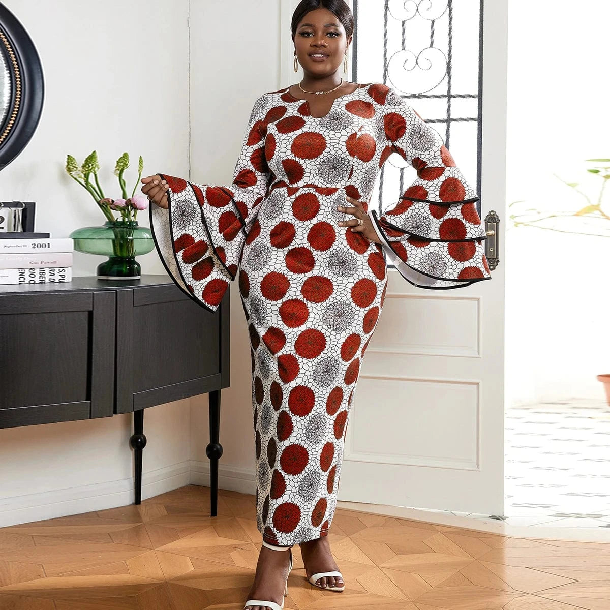 Long Flare Sleeves Autumn Maxi Print Large Size Women Cocktail Dresses