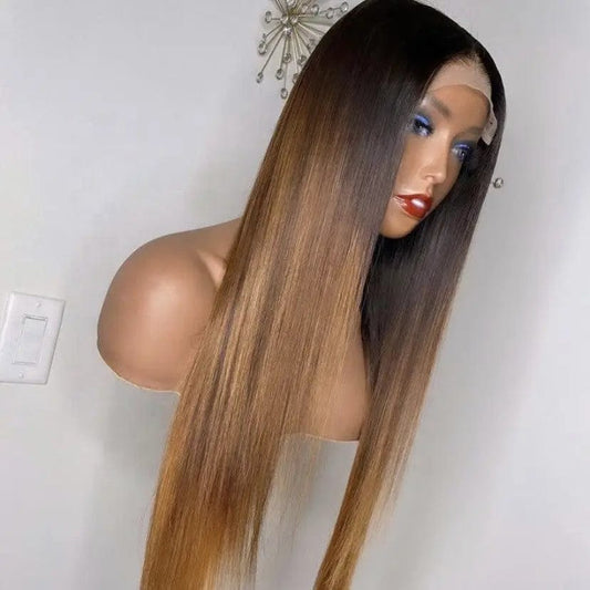 Long Inches Straight Human Hair Brown Ombre Color Bleached Knots Cuticle Aligned Brazilian Hair Lace Front Wigs