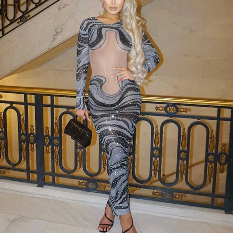 long maxi dress hollow sexy summer vocation Striped mesh dress women