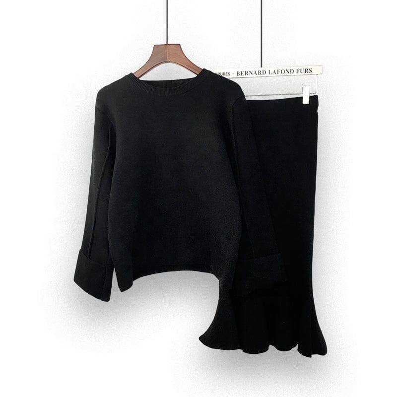 Long Ray Latest New Arrival Korean Style Knit Crew Neck Top And Slim Fit Fishtail Skirt Twin Set