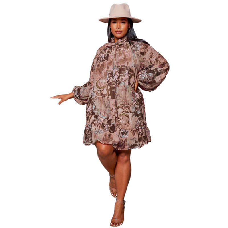 Long Sleeve Dress 2022 Trending Fall Floral Print Loose Chiffon Dress With Ruffles Elegant Colourful Dress For Plus Size Women
