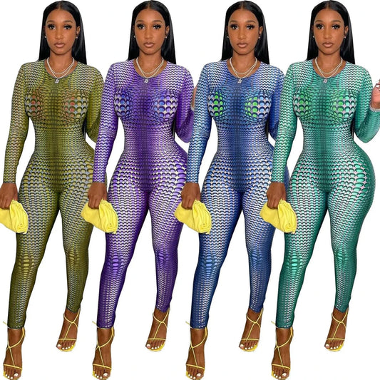 Long Sleeve Fall Women Jumpsuit Bodysuits Fitted Slim Bodycon Print Jumpsuit Workout Women One Piece Sportswear Zip Jumpsuits