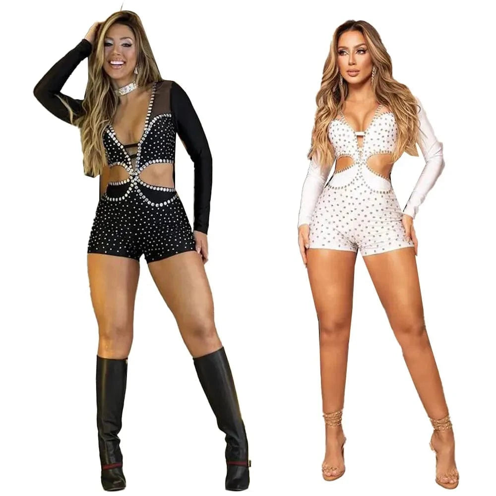 Long sleeve patchwork see through slim mesh rhinestone women jumpsuit with sexy club hollow