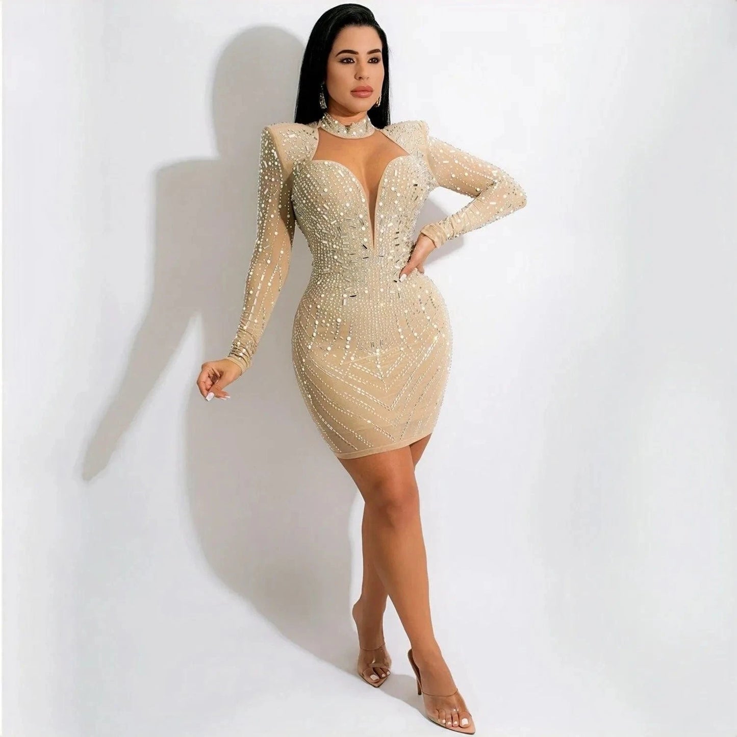 Long Sleeve Skinny Mini Dress Mesh Rhinestones Women Pencil Dress Sexy V-neck Lady Sparking Party Dresses