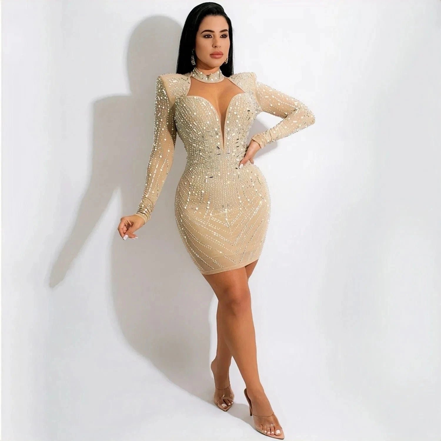 Long Sleeve Skinny Mini Dress Mesh Rhinestones Women Pencil Dress Sexy V-neck Lady Sparking Party Dresses