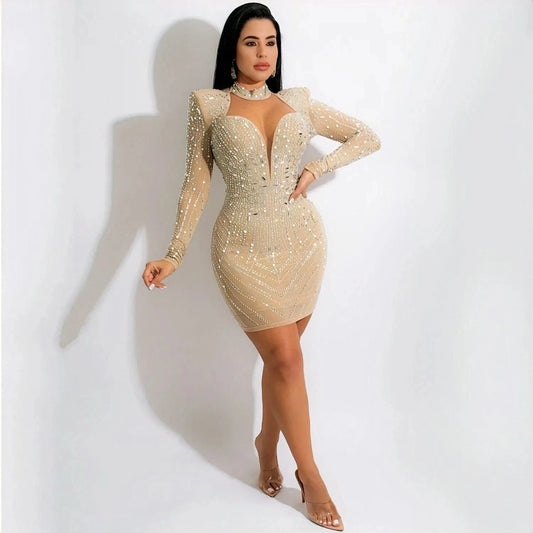 Long Sleeve Skinny Mini Dress Mesh Rhinestones Women Pencil Dress Sexy V-neck Lady Sparking Party Dresses