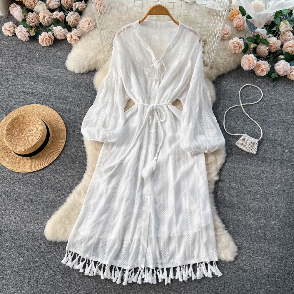 Long Sleeve V-neck Solid A-line Dress Summer Vintage High Waist Midi Dress Ladies Retro Dresses Clothes Women Wholesale