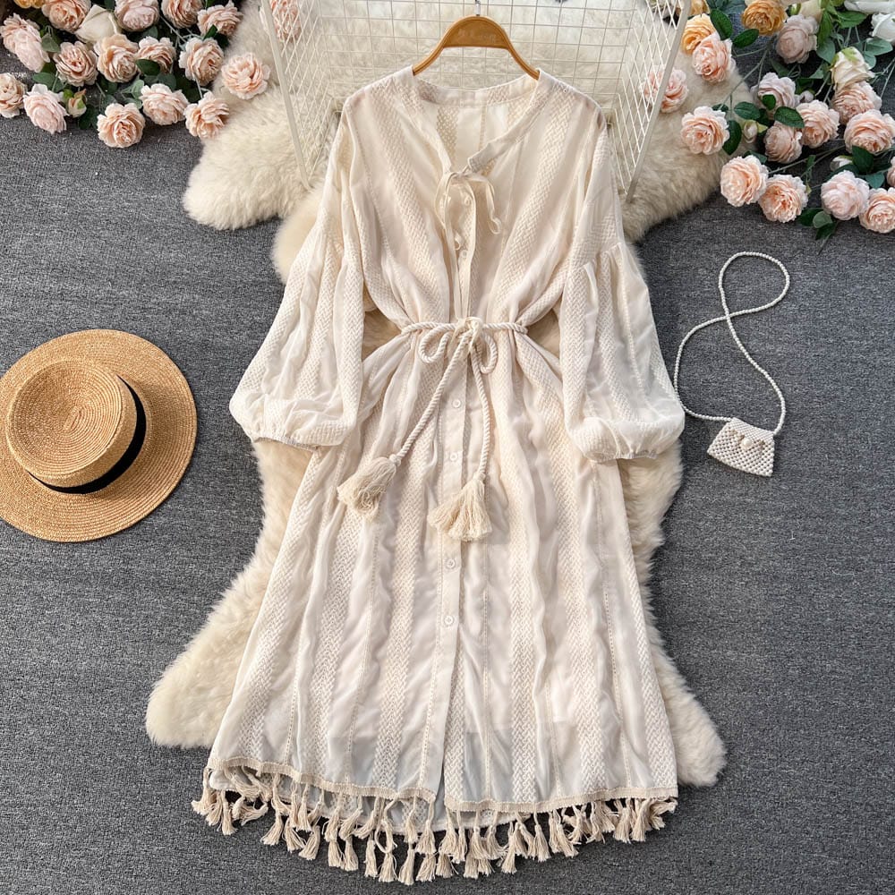 Long Sleeve V-neck Solid A-line Dress Summer Vintage High Waist Midi Dress Ladies Retro Dresses Clothes Women Wholesale