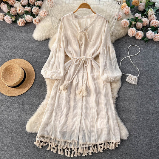 Long Sleeve V-neck Solid A-line Dress Summer Vintage High Waist Midi Dress Ladies Retro Dresses Clothes Women Wholesale