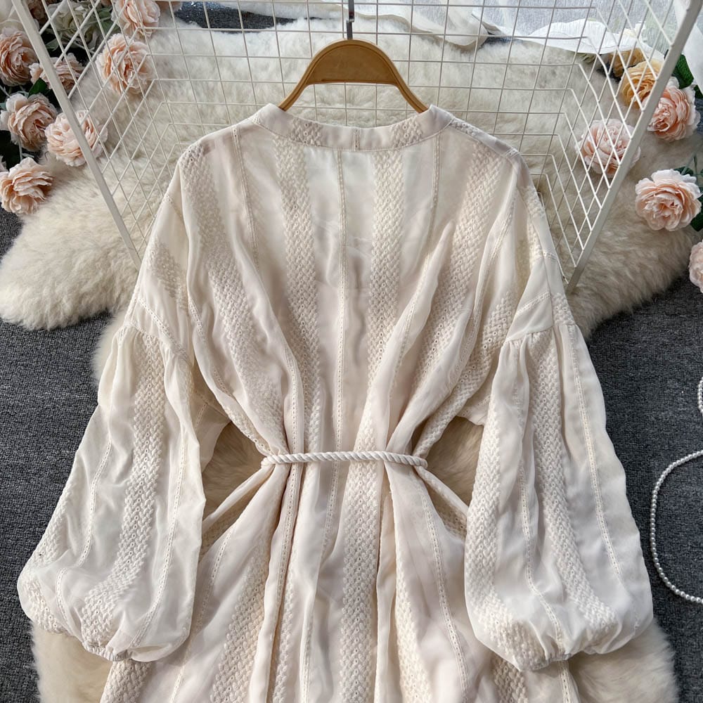 Long Sleeve V-neck Solid A-line Dress Summer Vintage High Waist Midi Dress Ladies Retro Dresses Clothes Women Wholesale
