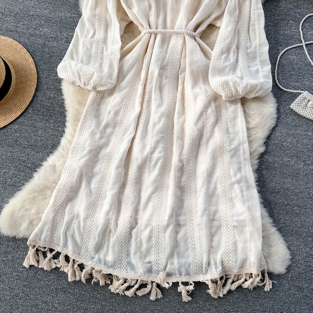 Long Sleeve V-neck Solid A-line Dress Summer Vintage High Waist Midi Dress Ladies Retro Dresses Clothes Women Wholesale