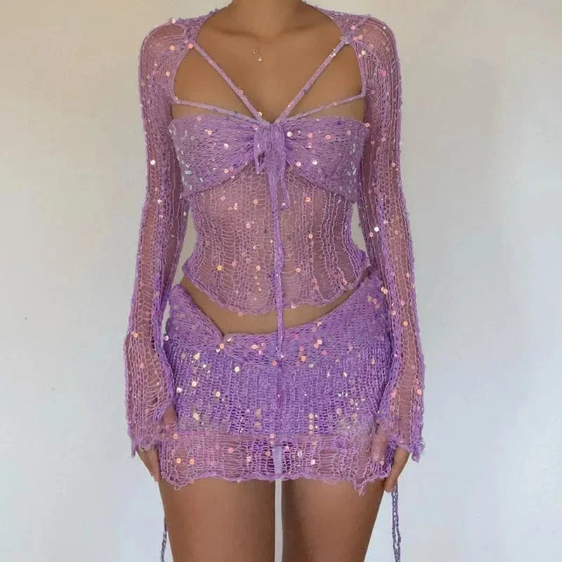 Long-sleeved sweater sequins sexy pierced hole rope tie women skirt suit two piece set women clothing