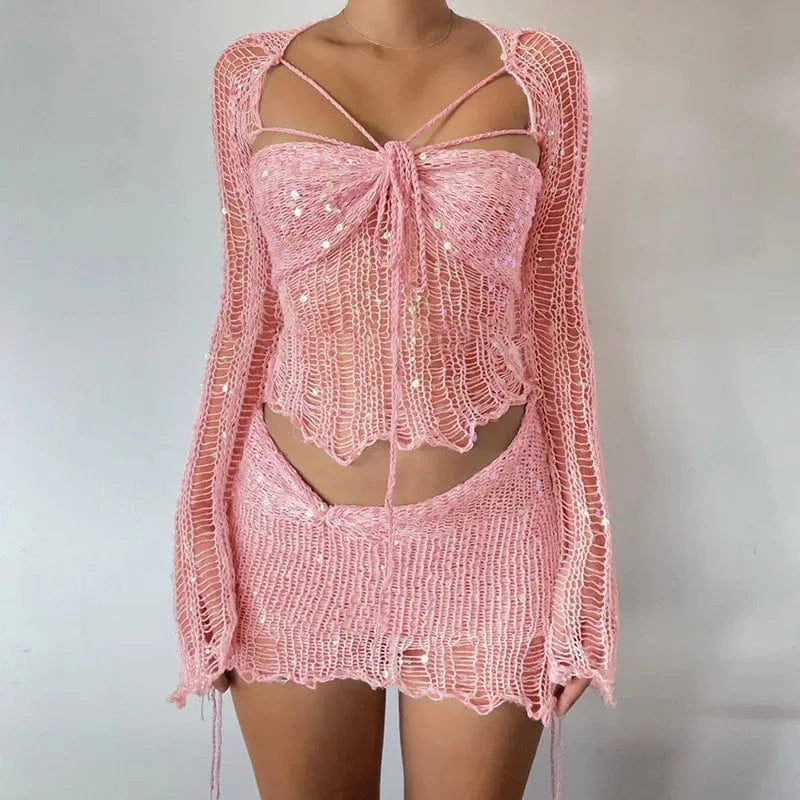 Long-sleeved sweater sequins sexy pierced hole rope tie women skirt suit two piece set women clothing