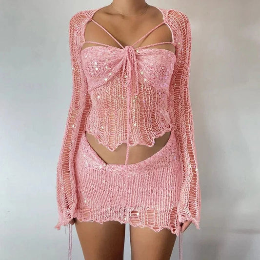 Long-sleeved sweater sequins sexy pierced hole rope tie women skirt suit two piece set women clothing