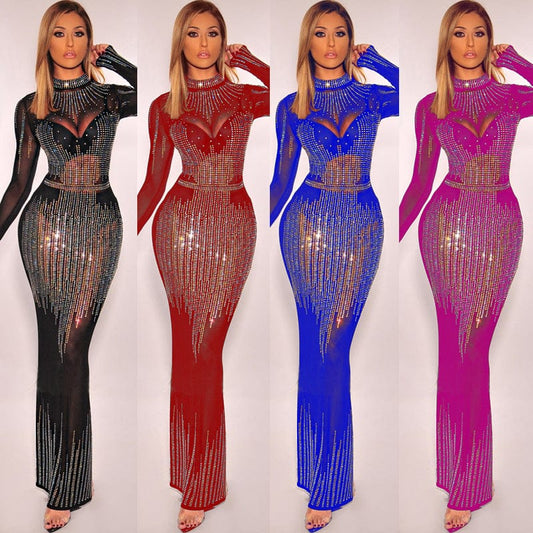 Long-sleeved tight-fitting mesh evening dress with rhinestones nightclub bag hip plus size 2xl one-piece dress