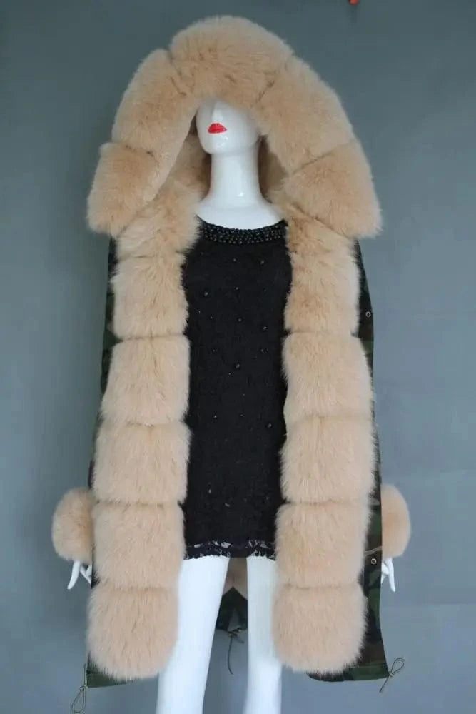 Long style M / Beige Various styles oversize real fox fur long parka ladies new camouflage shell parka jacket with furry fur trim,cuff and collar