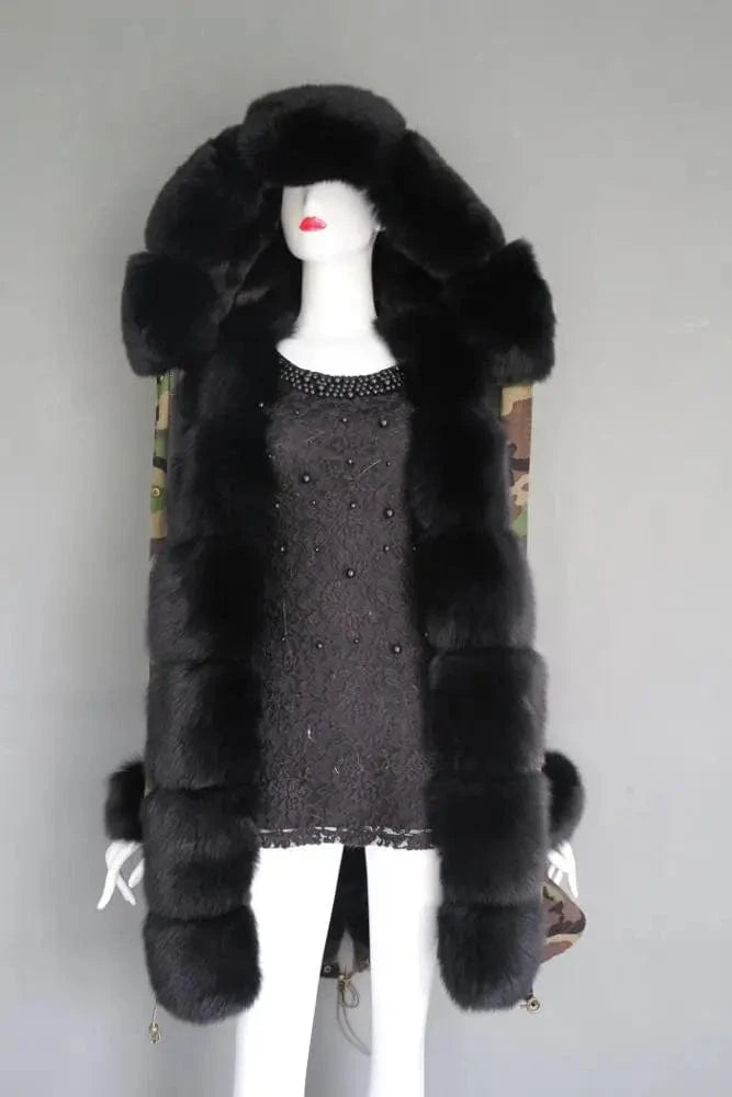 Long style M / Black Various styles oversize real fox fur long parka ladies new camouflage shell parka jacket with furry fur trim,cuff and collar