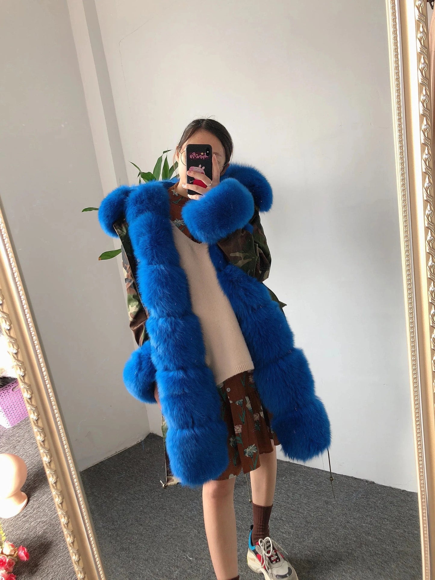 Long style M / Blue Various styles oversize real fox fur long parka ladies new camouflage shell parka jacket with furry fur trim,cuff and collar