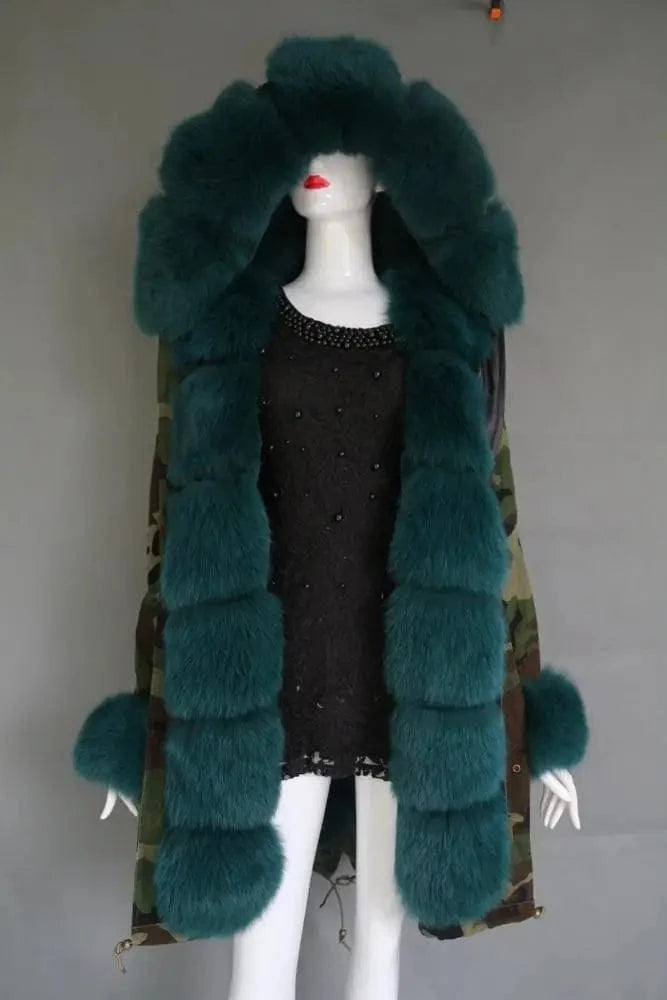 Long style M / dark green Various styles oversize real fox fur long parka ladies new camouflage shell parka jacket with furry fur trim,cuff and collar