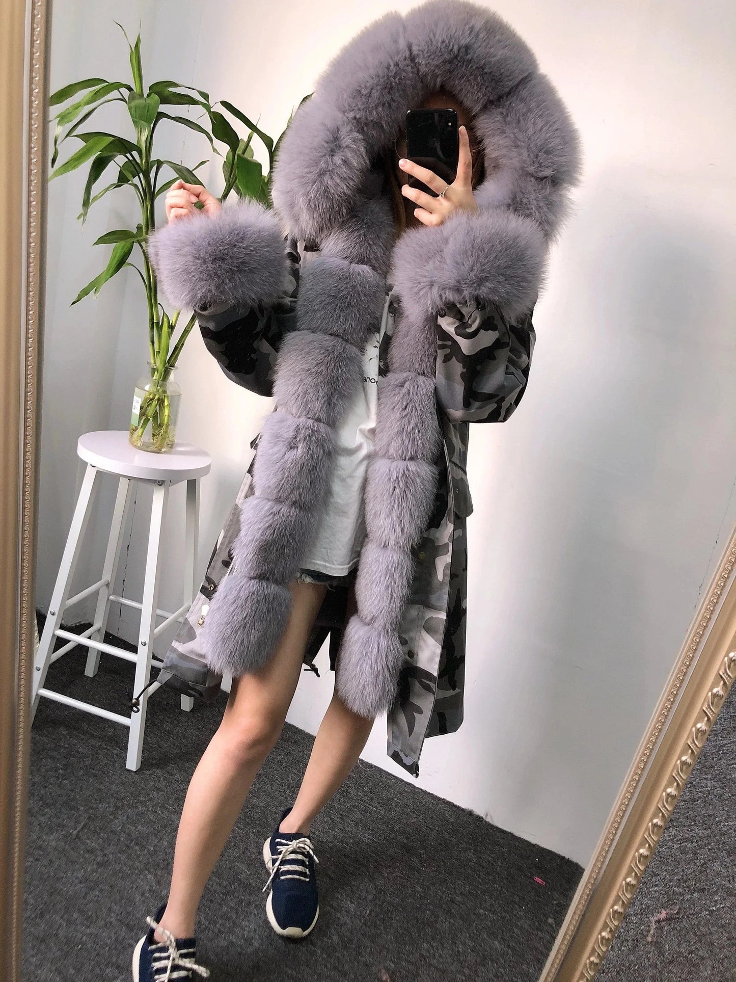 Long style M / Gray Various styles oversize real fox fur long parka ladies new camouflage shell parka jacket with furry fur trim,cuff and collar