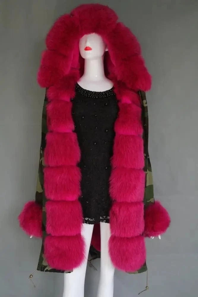 Long style M / hot pink Various styles oversize real fox fur long parka ladies new camouflage shell parka jacket with furry fur trim,cuff and collar
