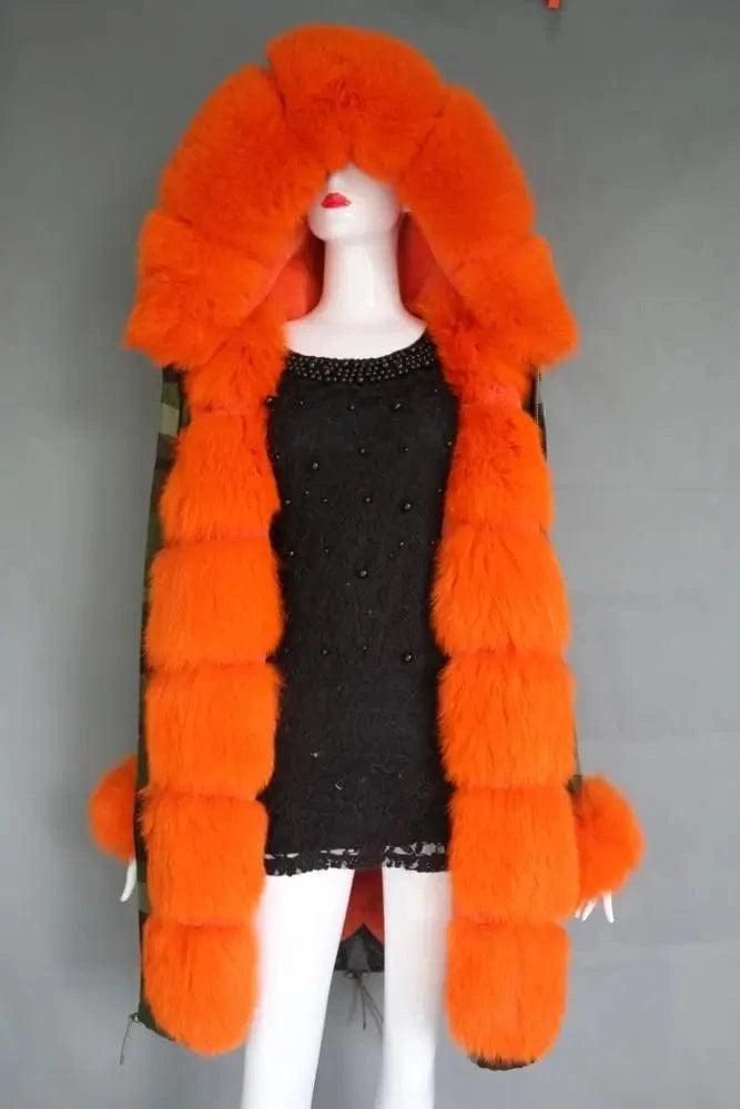 Long style M / Orange Various styles oversize real fox fur long parka ladies new camouflage shell parka jacket with furry fur trim,cuff and collar