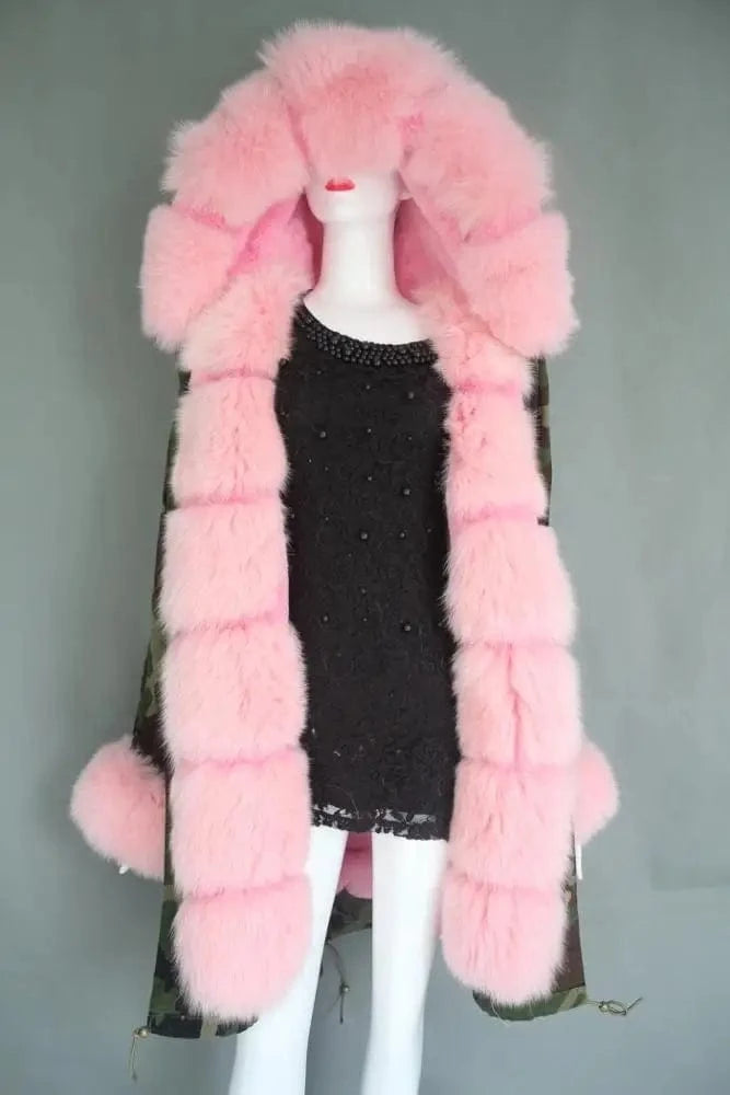 Long style M / Pink Various styles oversize real fox fur long parka ladies new camouflage shell parka jacket with furry fur trim,cuff and collar