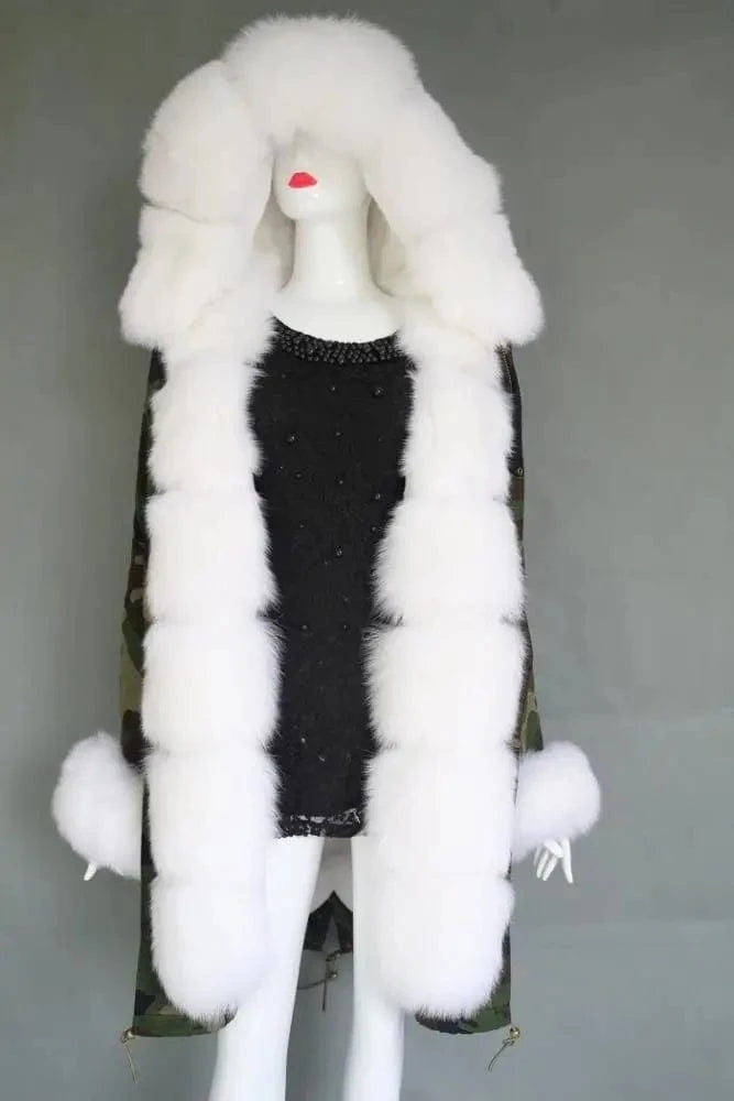 Long style M / White Various styles oversize real fox fur long parka ladies new camouflage shell parka jacket with furry fur trim,cuff and collar