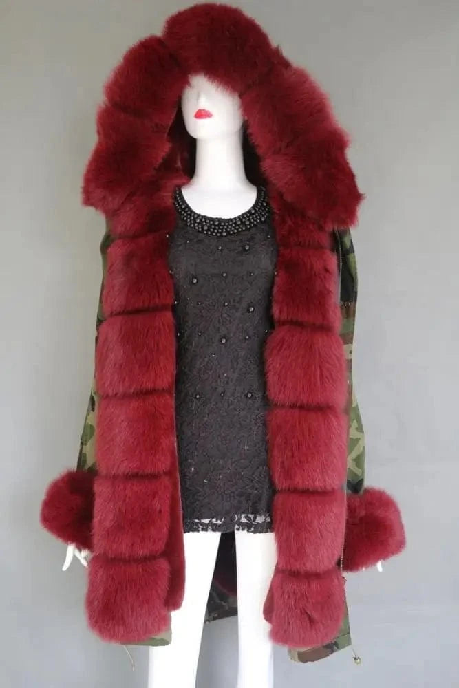 Long style M / wine red Various styles oversize real fox fur long parka ladies new camouflage shell parka jacket with furry fur trim,cuff and collar
