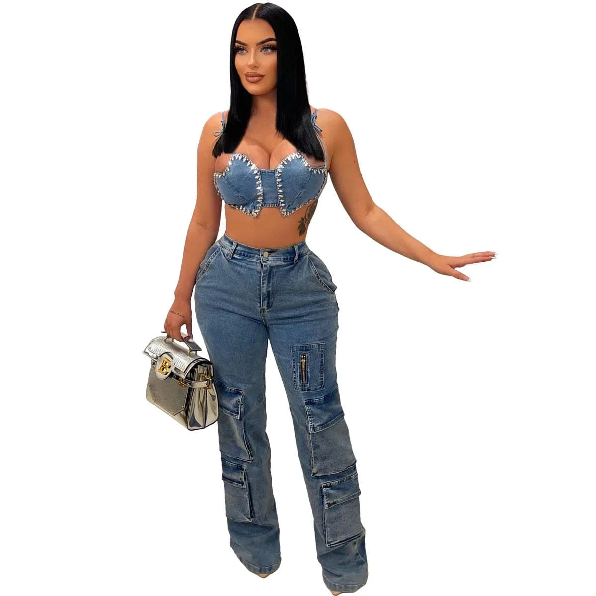 loose denim multi pocket cargo pants and chest wrap bra two suit women custom summer 2023