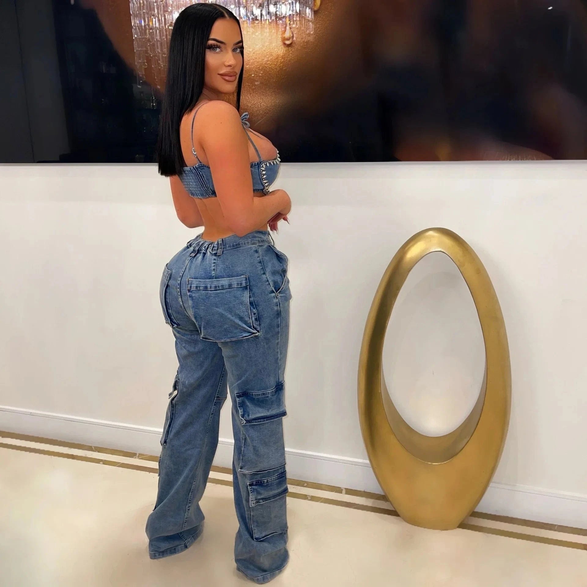 loose denim multi pocket cargo pants and chest wrap bra two suit women custom summer 2023