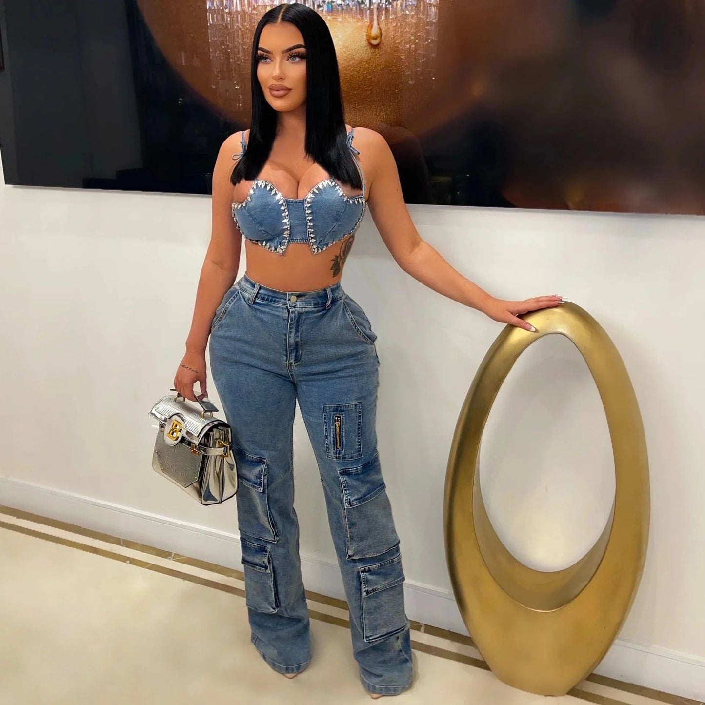 loose denim multi pocket cargo pants and chest wrap bra two suit women custom summer 2023