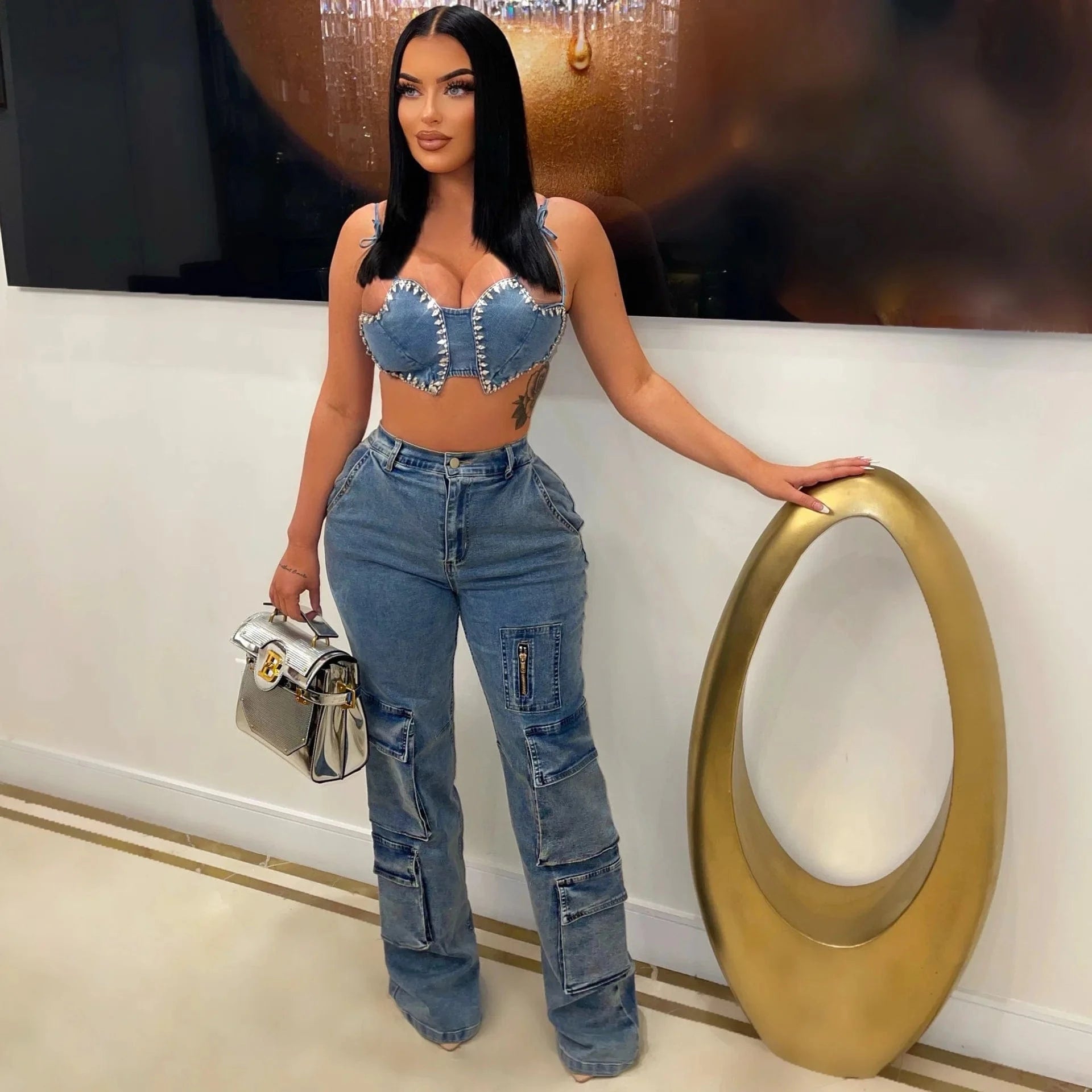 loose denim multi pocket cargo pants and chest wrap bra two suit women custom summer 2023